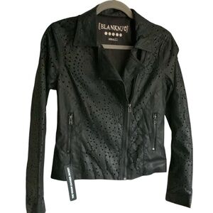 BLANKNYC NWT Black Vegan Leather Laser Cut Cropped Moto Biker Jacket SZ S